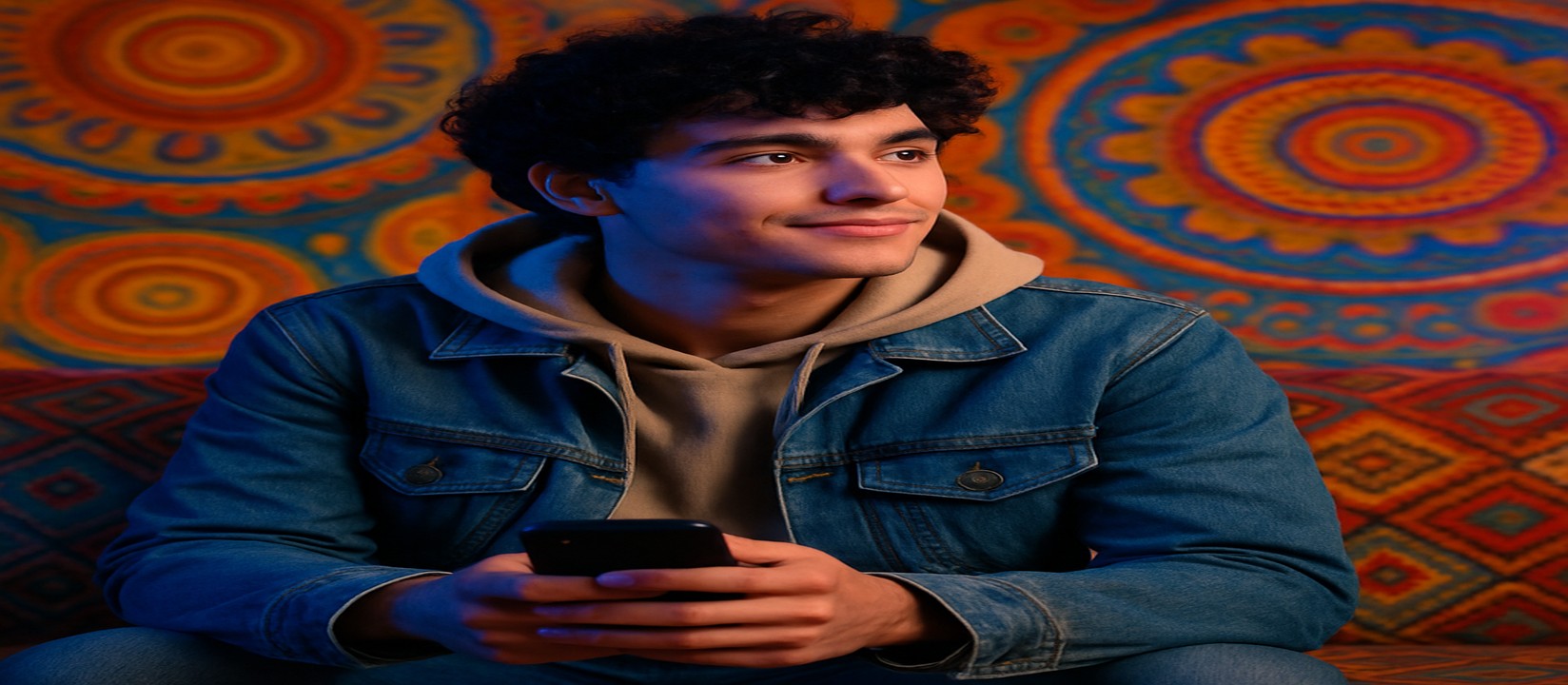 ডেনিম জ্যাকেট পরা একটি ব্যক্তি সোফায় বসে, হাতের কাছে একটি ফোন ধরে, a777bd অ্যাপে গেম খেলে অনবরত মজা নিচ্ছেন