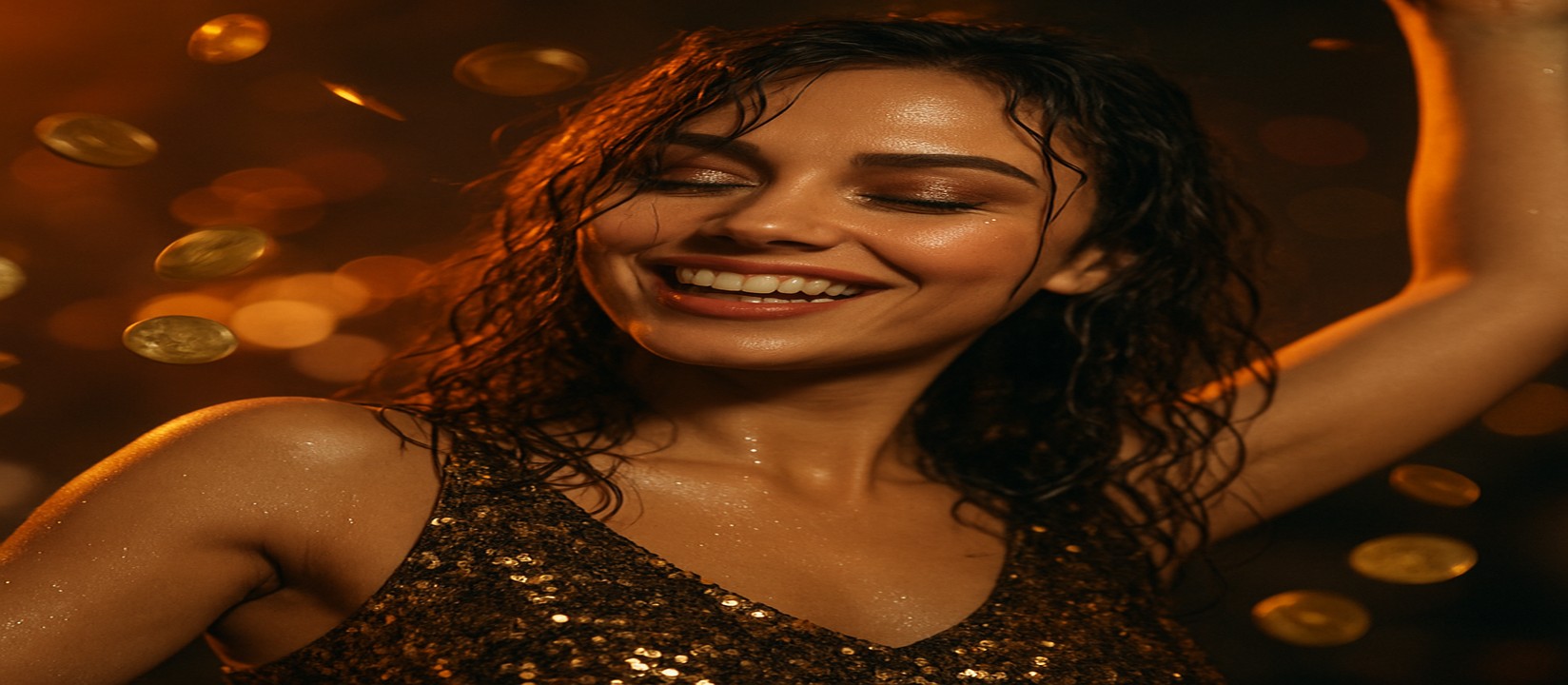 একজন নারী Aviator জয় উদযাপন করছেন; চারদিকে স্বর্ণমুদ্রা উড়ছে, যা a777bd প্ল্যাটফর্মে দেখা যাচ্ছে।