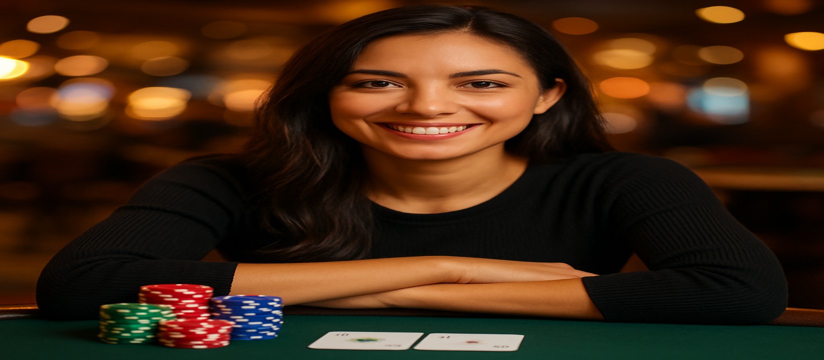 একটি হাস্যোজ্‌য্বল মেয়ে ডিলার গেমিং প্ল্যাটফর্মের একটি কার্ড টেবিলে বসে আছেন; তাঁর সামনে খেলার চিপ ও কার্ড রয়েছে এবং তিনি বিস্তৃত খেলার নির্বাচন প্রস্তাব করেন, a777bd প্ল্যাটফর্মে।