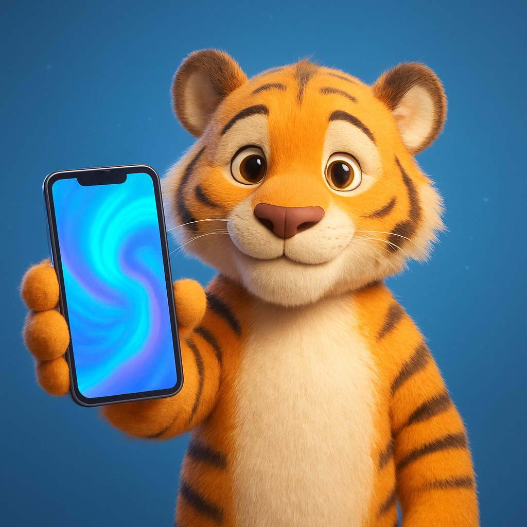 একটি কার্টুন বাঘের শাবক তার পায়ে একটি স্মার্টফোন ধরে রাখে, সাথে রয়েছে দ্রুত ও নির্ভরযোগ্য a777bd অ্যাপ