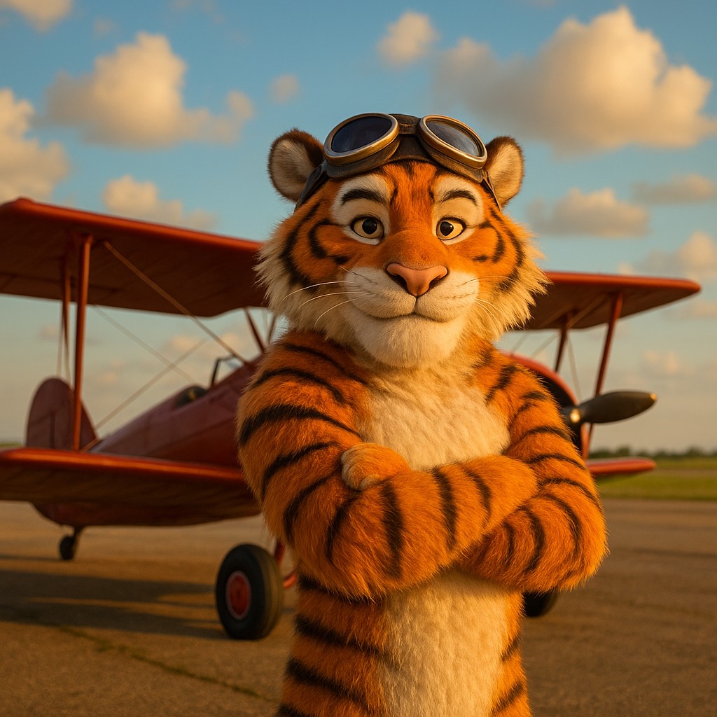 একজন বাঘ-চালক লাল রঙের পুরোনো বিমানের পাশে দাঁড়িয়ে Aviator গেমটির প্রতিনিধিত্ব করছেন, যা a777bd প্ল্যাটফর্মে তুলে ধরা হয়েছে।