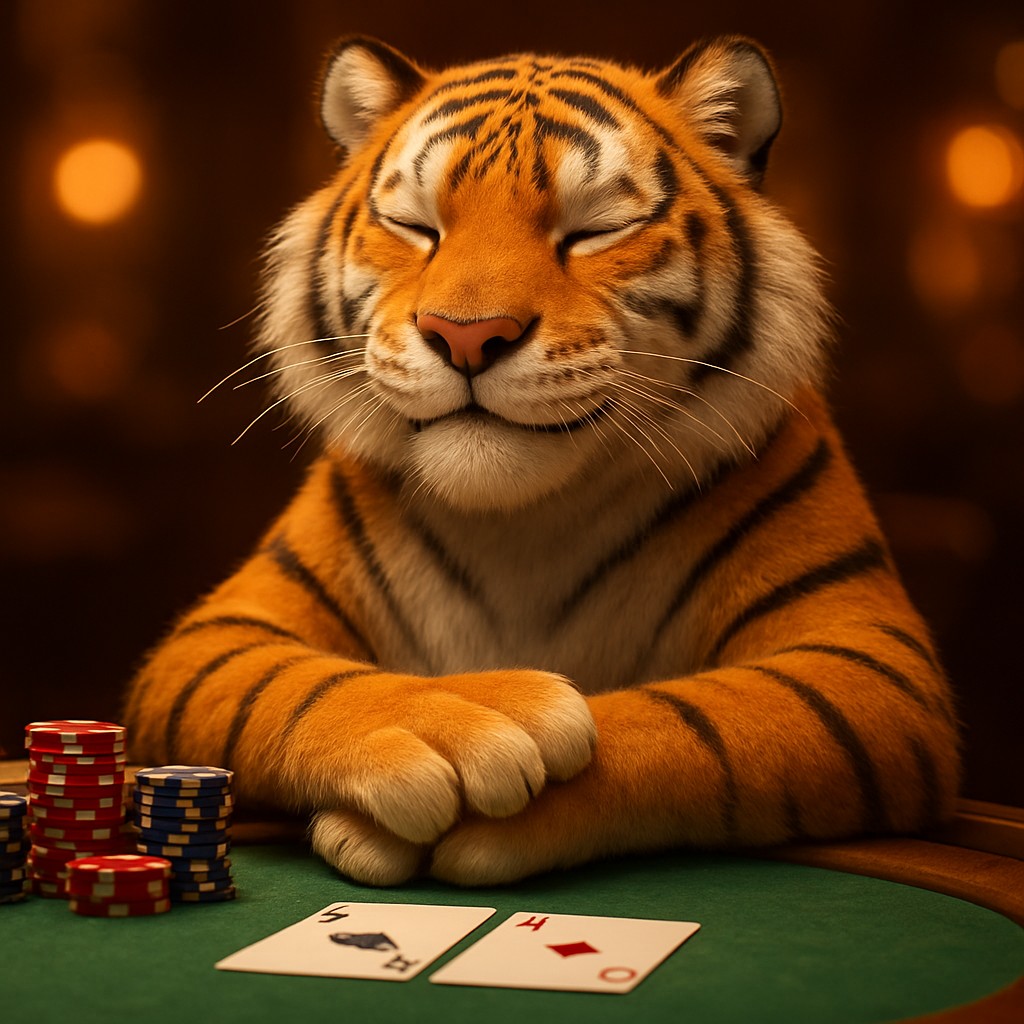 একটি হাসিখুশি বাঘের বাচ্চা একটি খেলার টেবিলের সামনে চিপস নিয়ে a777bd গেমিং প্ল্যাটফর্মে বসে আছে