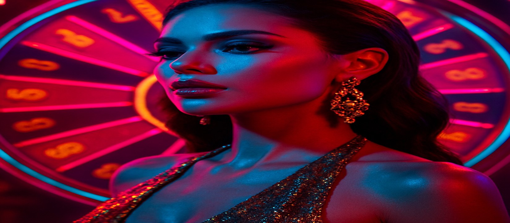 একজন মহিলা সিকুইন পোশাকে, a777bd গেমিং প্ল্যাটফর্মের উজ্জ্বল রঙের চাকার সামনে চমৎকার ভঙ্গিতে দাঁড়িয়ে আছেন