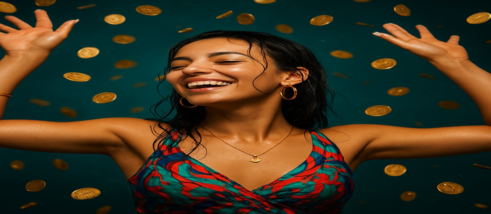 a777bd গেমিং প্ল্যাটফর্মে মুদ্রার বৃষ্টির মাঝে, রঙিন শার্ট পরা এক নারী অত্যন্ত আকর্ষণীয় ভঙ্গিতে দাঁড়িয়ে আছেন