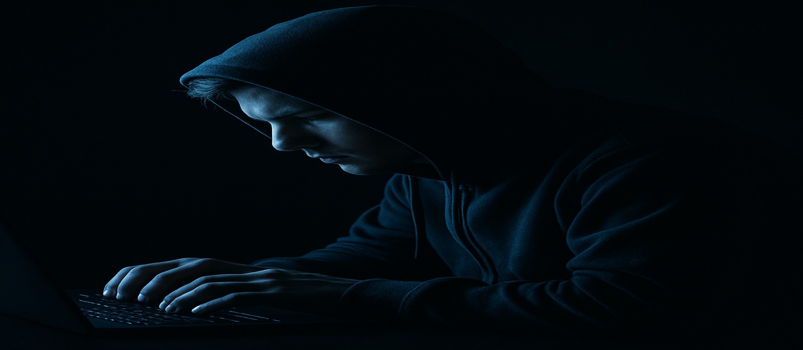 একজন ব্যক্তি অন্ধকারে ল্যাপটপে বসে একাগ্র চেহারা নিয়ে a777bd ওয়েবসাইটে অনলাইন গেমিং করছেন